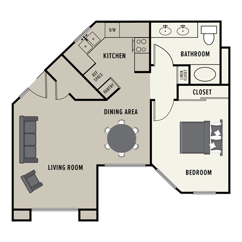 Floor plan for 1 bed, 1 bath, 687 sqft
